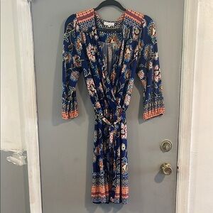 June & Hudson‎ Blue and Orange Wrap Sundress with Bishop Sleeves